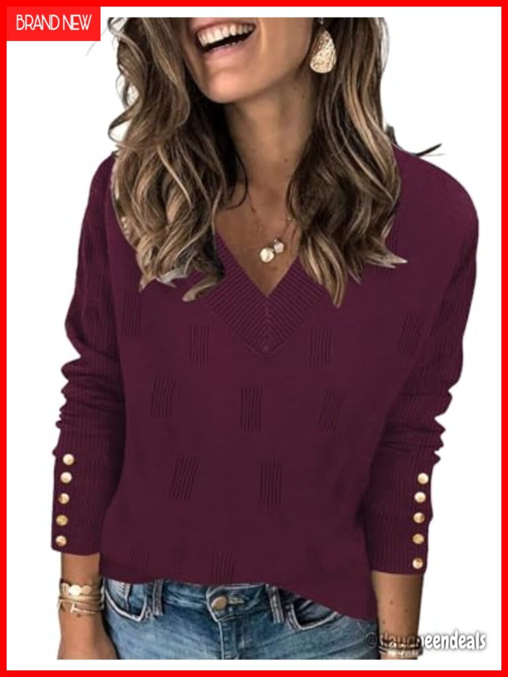 V Neck Sweater Long Sleeve Lightweight Knit Pullover with Decorative Buttons